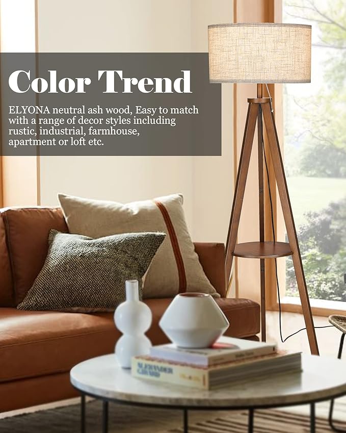 ELYONA Solid Wood Tripod Floor Lamp 3 Color Temperatures LED Blub Tall Standing Light with Table Mid Century Modern Corner Reading Floor Lamp for Living Room Bedroom Office Pull Chain Controls Brown