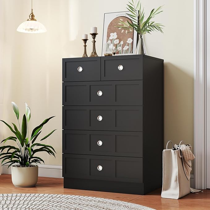 Wood Dresser for Bedroom 6 Drawer: 24" Black Chest of Drawers Wood, Modern Fluted Cabinet with Sturdy Storage, Wide Aesthetic Furniture for Room Organization