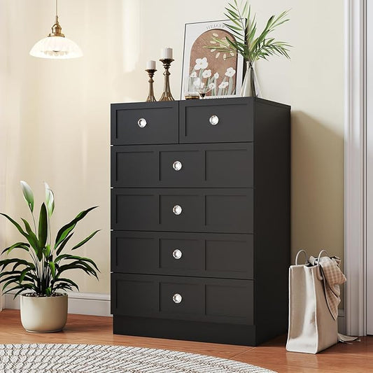 Wood Dresser for Bedroom 6 Drawer: 24" Black Chest of Drawers Wood, Modern Fluted Cabinet with Sturdy Storage, Wide Aesthetic Furniture for Room Organization