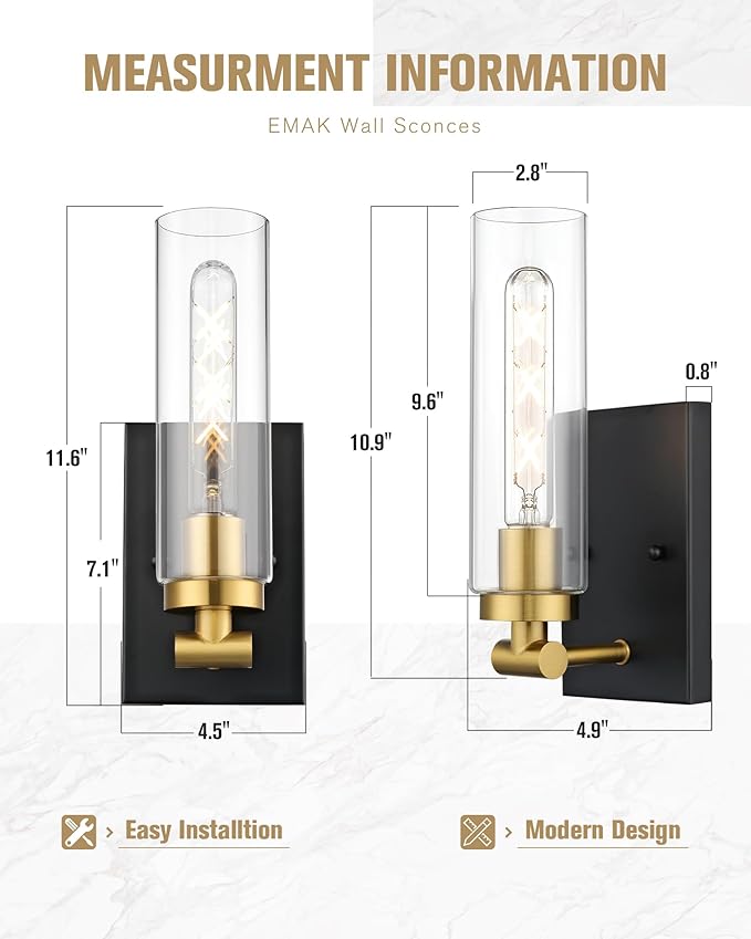 Emak Black and Gold Wall Sconces Set of Two, Modern Wall Sconce with Clear Glass Shade, Farmhouse 2 Light Bathroom Vanity Light for Living Room, Bedroom, Gallery, WS086-BKBGD-CG-2PK