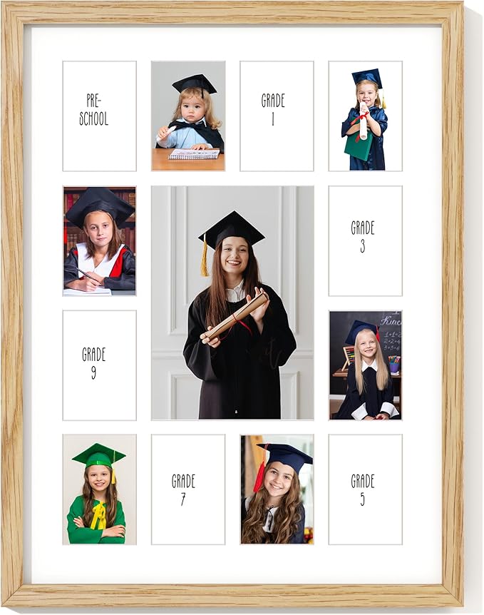 Axeman 12x16 School Years Picture Frame K-12 Day Graduation Photo Collage Solid Oak Picture Frame With Mat - Displays One 5x7 Photo and Twelve 2.5x3.5 Pictures, Hanging Hardware Included, Natural