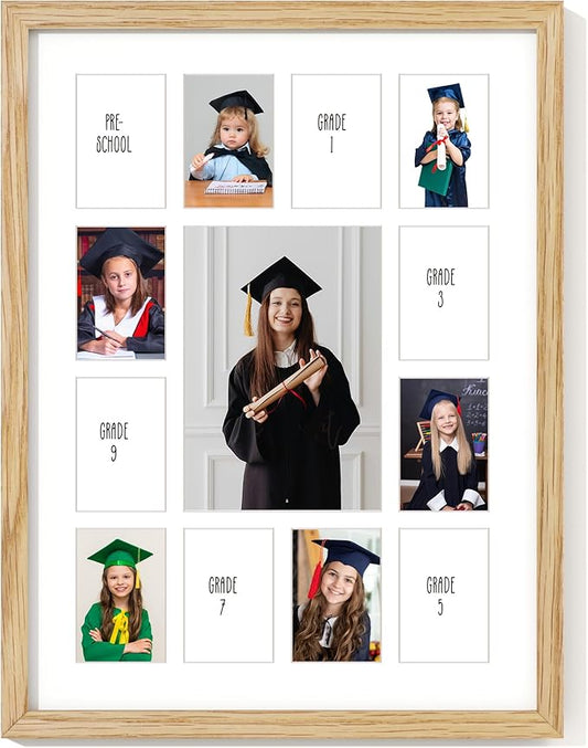 Axeman 12x16 School Years Picture Frame K-12 Day Graduation Photo Collage Solid Oak Picture Frame With Mat - Displays One 5x7 Photo and Twelve 2.5x3.5 Pictures, Hanging Hardware Included, Natural
