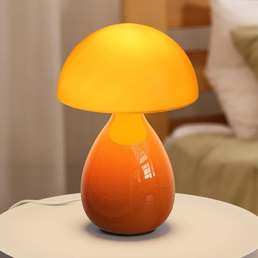 Mushroom Lamp Table Lamp, Mini Modern Lamp Bedside Nightstand Light Desk Cute Small Light Dimmable for Bedroom, Living Room, Ceramic Base Glass Led Home Decor for Woman Children Gifts