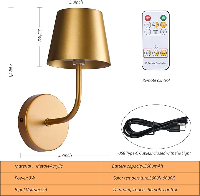 LED Wireless Wall Lamp Set of 2, with 5600mAh Rechargeable Battery Powered Wall Sconces, Touch for Remote Control Infinite Dimming Be Used for Bedroom Mirror Living Room Wall Painting(Gold)