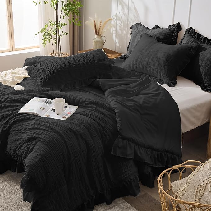JOLLYVOGUE Black King Comforter Set, 3 Pieces Seersucker Comforters King Size, Lightweight & Fluffy Bedding Sets King for All Season with 1 Ruffle Comforter and 2 Ruffle Pillowshams
