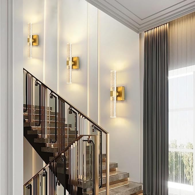 Battery Operated Crystal Wall sconces Set of 2,Rechargeable Modern Vanity Light Fixtures, 3000K-6000K Dimmable Gold LED Wireless Wall Lights for Bathroom Bedroom Living Room Hallway(2 Pack)