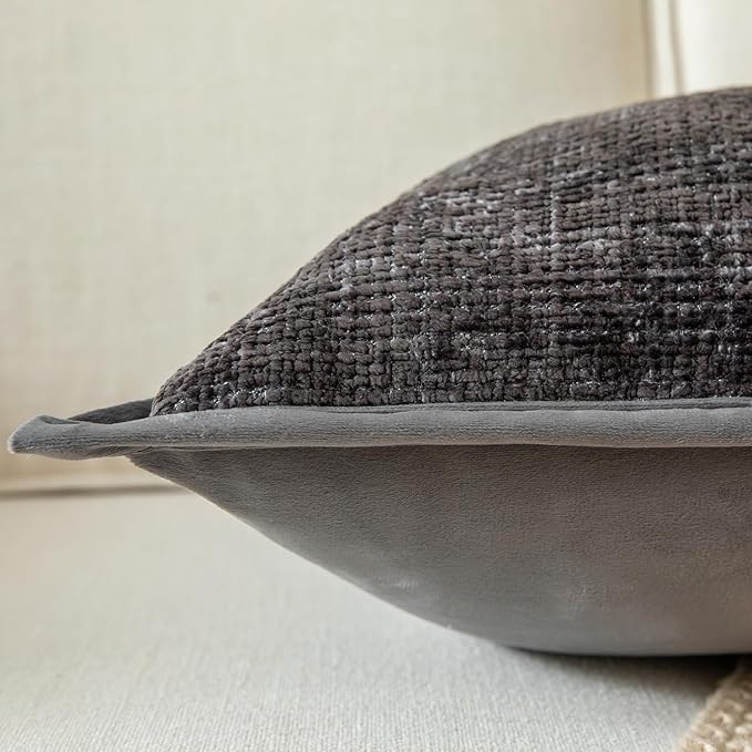 Yaertun Pack of 2 Chenille Textured Decorative Throw Pillow Covers Accent Solid Cushion Cover Soft Cozy Pillow Case with Velvet Back for Couch Sofa Bed Living Room 26x26 Inch Dark Grey