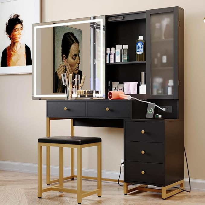 Vanity Set with Lighted Mirror and Charging Station, Extra Large Mirror Makeup Vanity Table with Cushioned Stool,5 Drawers, Modern Vanity Table with Nightstand (Black, Large)