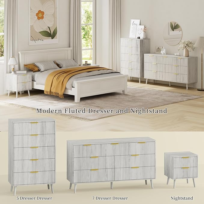 LYNSOM 55" Wide Fluted Dresser for Bedroom with 7 Drawer, Modern Chest of Drawers with Curved Profile Design and Metal Handles, Wood Dresser TV Stand & Storage Organizer for Living Room, White