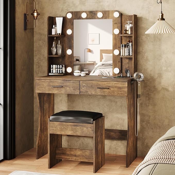 Maupvit Vanity Desk with Mirror and Lights,Makeup Vanity Table Set with Power Outlet,3 Lighting Modes & Adjustable Brightness Dressing Table with 2 Drawers for Bedroom Dressing Room,Rustic Brown