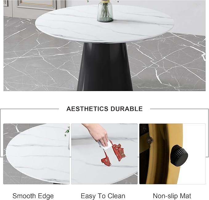 45 Inch Round Dining Table Set for 6, 7 Piece Kitchen Table and Chairs Set, White Faux Marble Table Top, Small Space Dining Set for Apartment or Dining Room