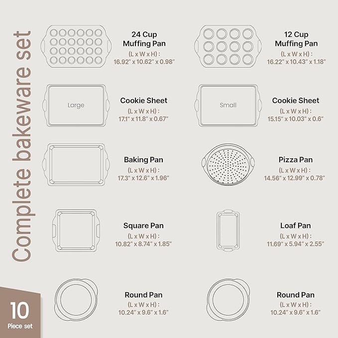 BAKKEN Kitchen Baking Pan Set - Nonstick Coating, Carbon Steel Bakeware Sets with Gray Silicone Handles, Baking Kitchen Essentials, PFOA, PFOS, PTFE Free, Oven Safe Tray (Up To 450° F), Set of 10
