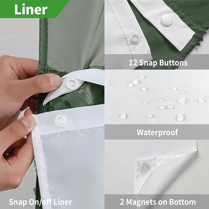 No Hook Shower Curtain and Liner Set,No Hook Tufted Striped Textured Shower Curtain with Snap in Liner Replacement and Waterproof Fabric,Boho Style with See Through Top Window,DarkGreen,71Wx74H