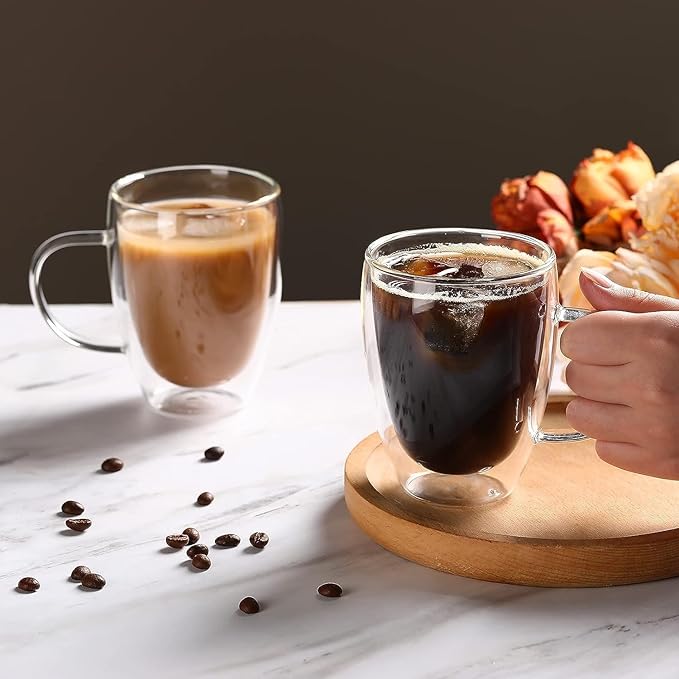 Espresso Cups Set Of 2, Double Walled Glass Coffee Mugs with Handle,Insulated Layer Coffee Cups,Clear Borosilicate Glass Mugs,Perfect for Cappuccino,Tea,Latte,Espresso (12oz-2Pack)