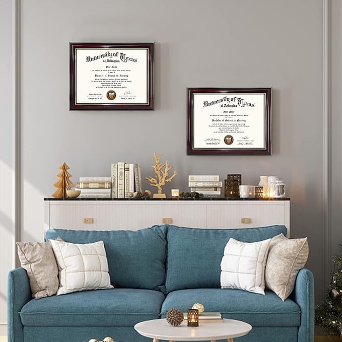 GraduationMall 8.5x11 Certificate Diploma Frame,Solid Wood & UV Protection Acrylic,Glossy Cherry Finish with Gold Trim,2 Pack