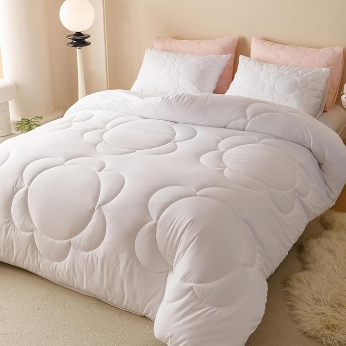 Luxlovery White Boho Comforter Set Full Women Girls White Sunflower Quilts Farmhouse Floral Bedding Quilted Set Elegant Vintage Retro Soft Bohemian 3 Piece Comforter