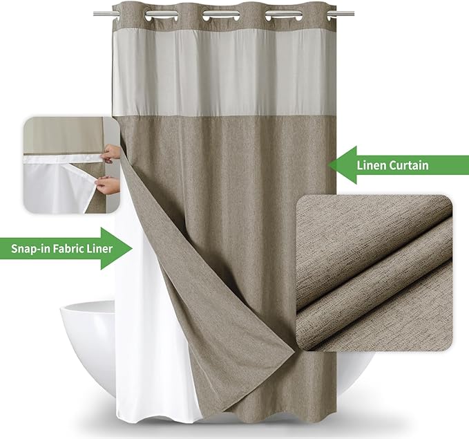 Stall No Hooks Needed Linen Textured Shower Curtain with Snap-in Fabric Liner Set,Hotel Luxury Decor Farmhouse Shower Curtains for Bathroom,Waterproof & Washable,54Wx80H,Khaki/Tan