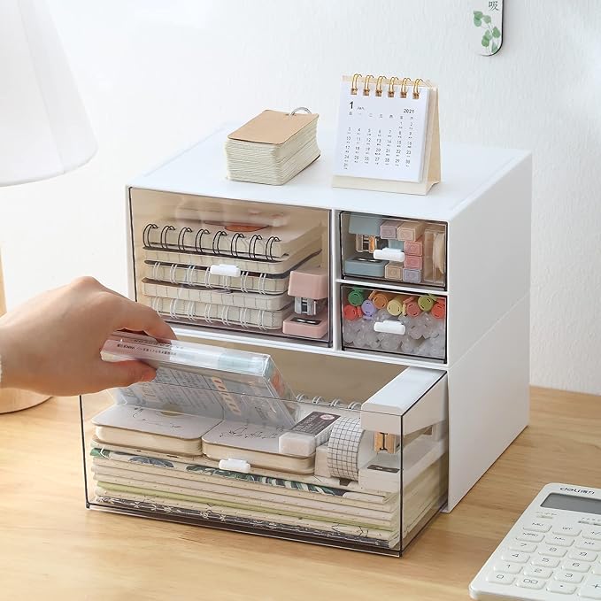 Desk Organizer with 4 Drawers, Makeup Organizer, Plastic Sundries Storage, Vanity Organizer, Cosmetic Storage Organizer, Desk Storage Box, Bathroom Counter or Dresser, White (CD-QBH-01)