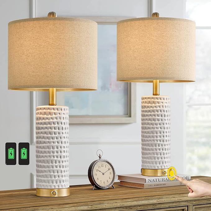 PORTRES 24" Farmhouse 3-Way Dimmable Touch Ceramic Table Lamp Set of 2 for Bedroom White Bedside Lamps with USB A+C Charging Ports for Living Room Nightstand Lamp End Table Lamps