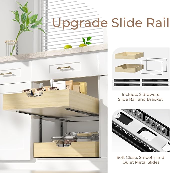 COOLBEBE 2 Tier Pull Out Drawers for Cabinets，17"W x 21"D Double Tier Slide Out Wood Drawer Shelf Organizer, Soft Close Cabinet Pull Out Shelves in Kitchen, Pantry, Bathroom
