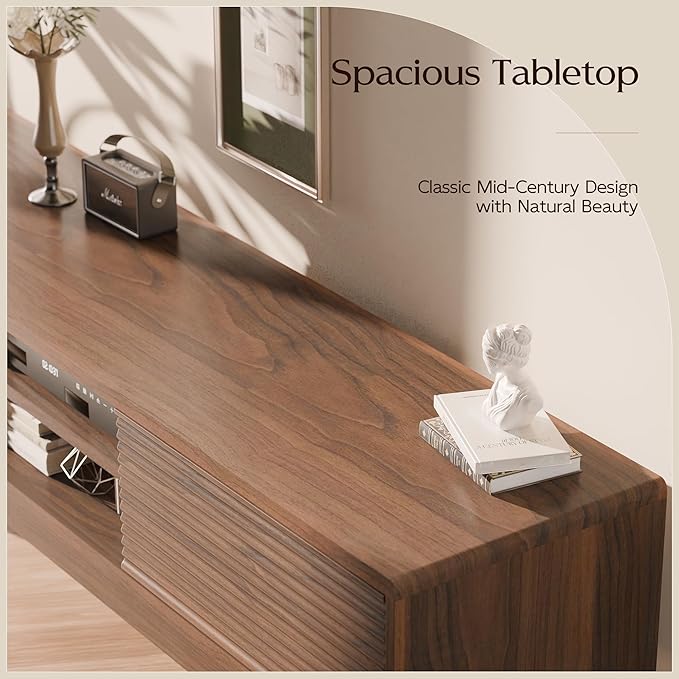 TV Console, Mid Century Modern Media Console for 55/60/65 Inch TV, Low Profile TV Stand with Fluted Sliding Doors, Boho Light Wood Credenza for Living Room (Walnut, 59")