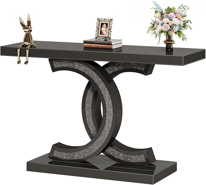 39-inch Mirrored Console Table, Modern Black Entryway Table with Sparkling Crystal Inlays, Glass Sofa Table with Mirror Finish for Entrance, Living Room