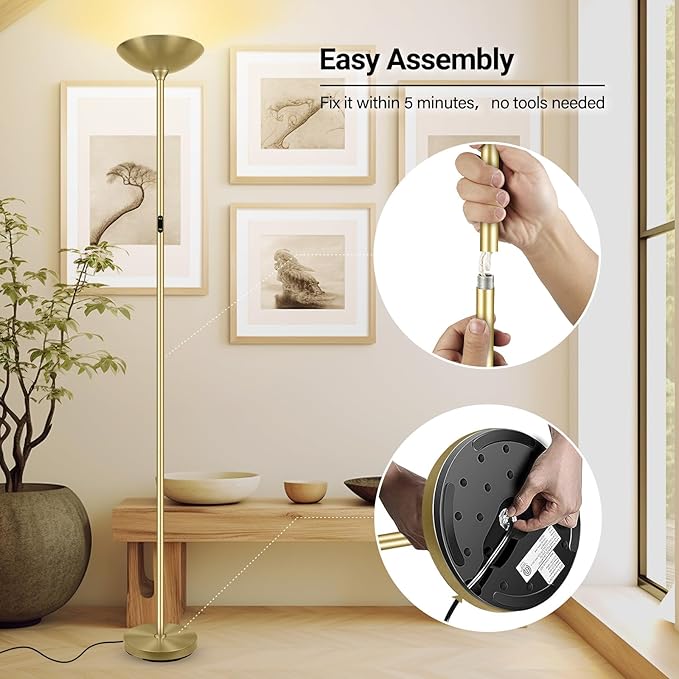 BoostArea Dimmable Floor Lamp,30W 3000LM Super Bright LED Torchiere Standing Lamp with Remote & Touch Control,71 in Tall Pole Sky Modern Floor Lamps for Living Room Bedroom Office,2700k-6500k,Gold