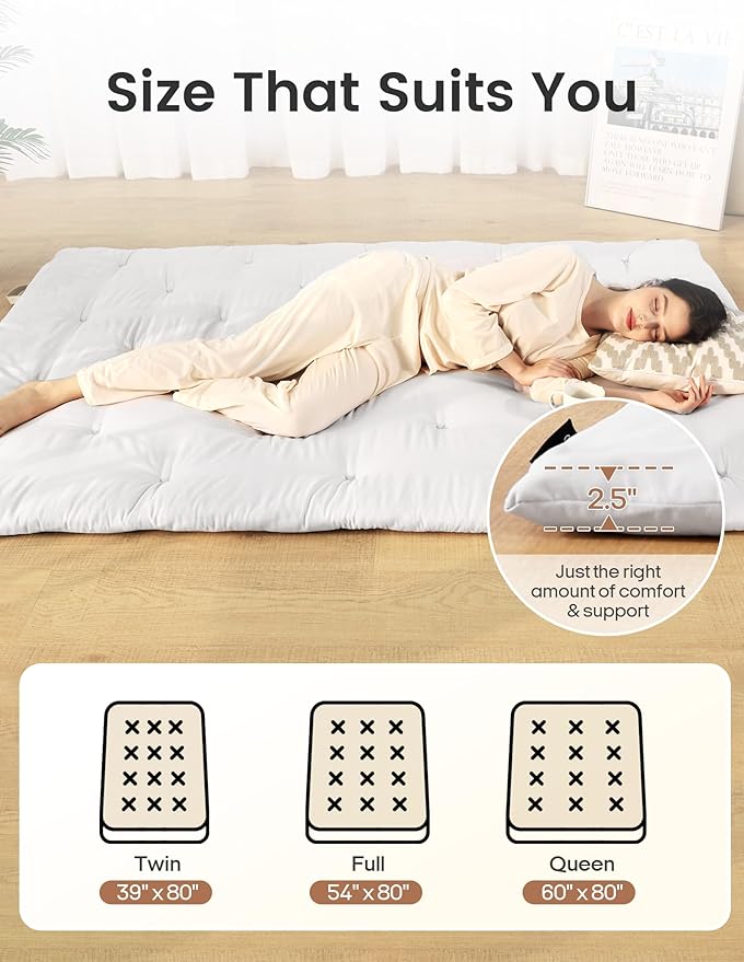 Syrinx Japanese Floor Futon Mattress, Foldable Tatami Sleeping Pad for Adults & Kids, Roll-Up Floor Bed or Bench Cushion