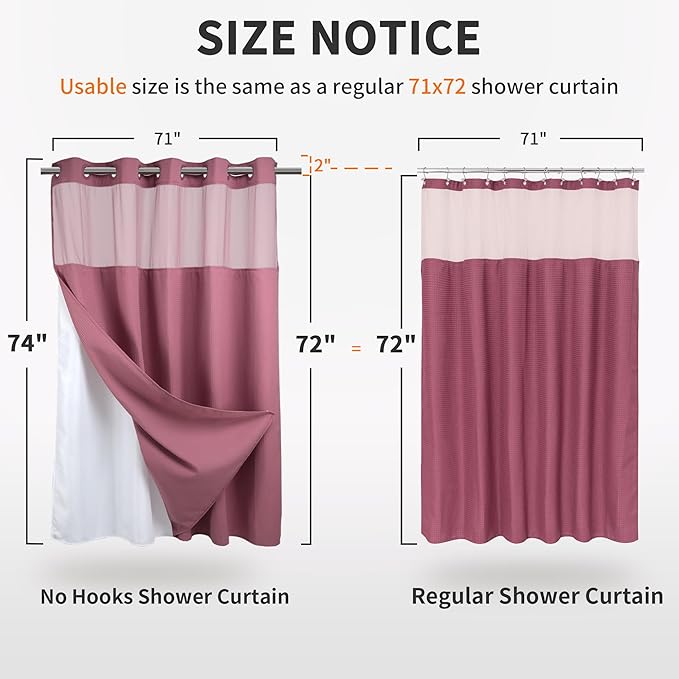 River Dream Heavyweight No Hooks Required Dotted Waffle Weave Shower Curtain with Snap in Liner - 71W x 74H,Hotel Grade,Spa Like Bath Curtain,Pale Mauve
