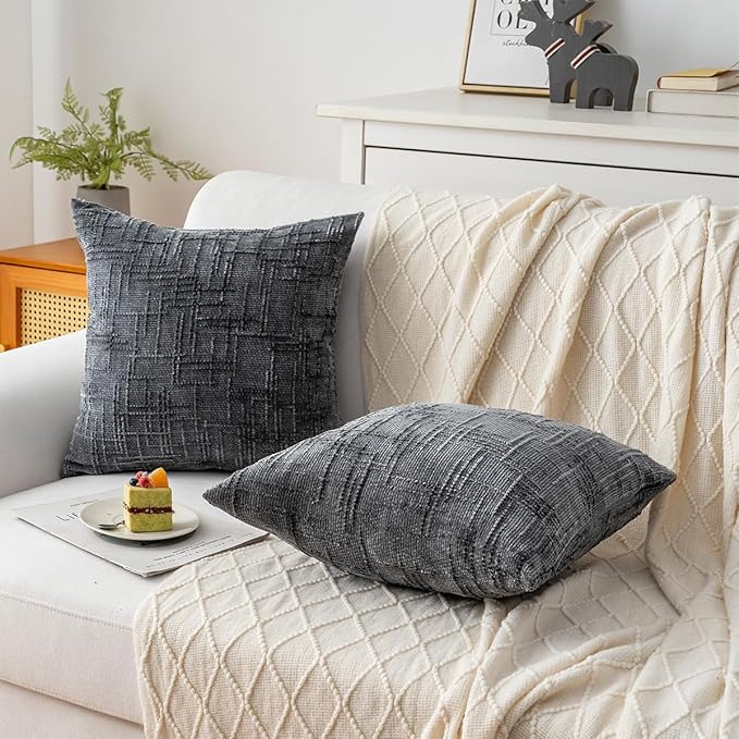 Decorative Throw Pillow Covers 18x18 Inch Set of 2, Soft Solid Farmhouse Chenille Couch Pillows, Spring Pillow Covers for Couch Sofa Bed Living Room Home Decor Pillowcase, Dark Gray