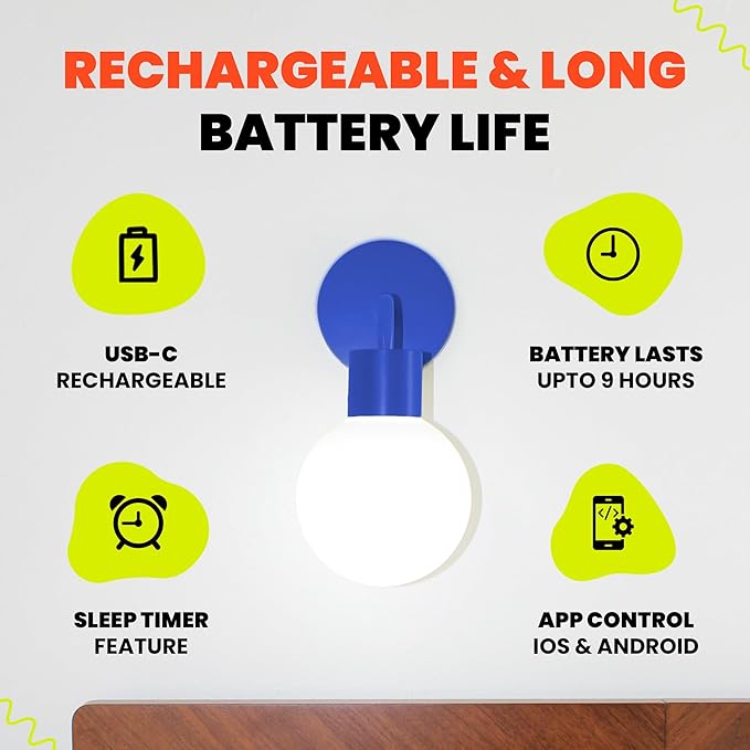 Wireless Wall Sconce (Shark Tank) Rechargeable & Dimmable LED Light w/App Control & Damage-Free Install, Moveable Modern Ambient Lighting for Elegant Home & Bedroom Decor | Blue