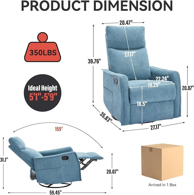 Massage Rocker Swivel Recliner Chair for Adults, Manual Recliner Glider with Lumbar Heating, Technical Flannel Fabric Nursery Glider Rocking Chair with Vibration Massage for Living Room - Blue