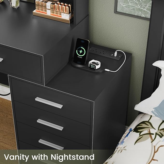 Quimoo 48" Large Vanity Desk with Mirror and Lights, Makeup Vanity with 6 Drawers, Power Outlet, Vanity Makeup Mirror Desk Table Set with 4 Storage Shelves & Stool, Best Gift for Women Girls,Black