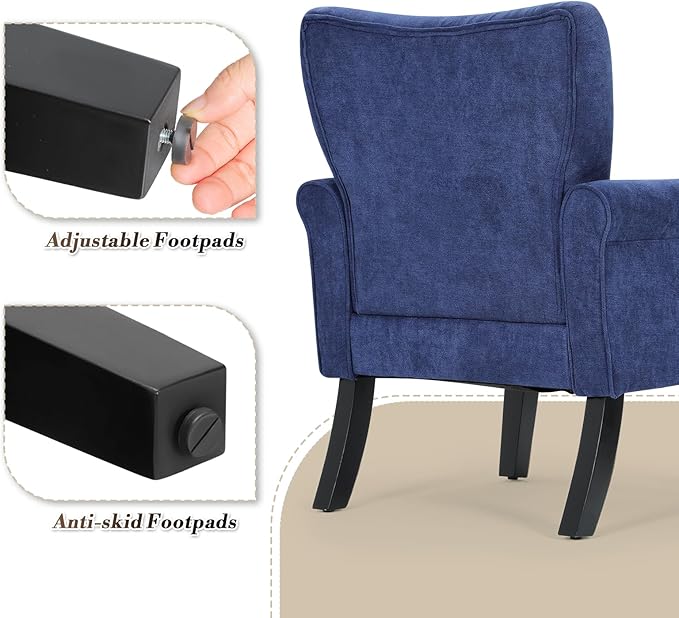 Athena Collection Mid Century Accent Chair with Rubberwood Legs, Upholstered Modern Armchair with High Back, Tufted Backrest and Angled Back Legs for Living Room, Bedroom, Vanity, Navy Blue