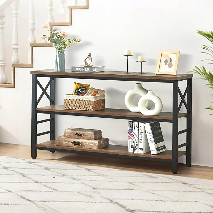 HOMBAZAAR Sofa Table,Industrial Console Table with Storage,Entryway Table with Engineered Wood and Metal,Rustic 3 Tier Shelf for Living Room,Hallway,Brown,55 Inch