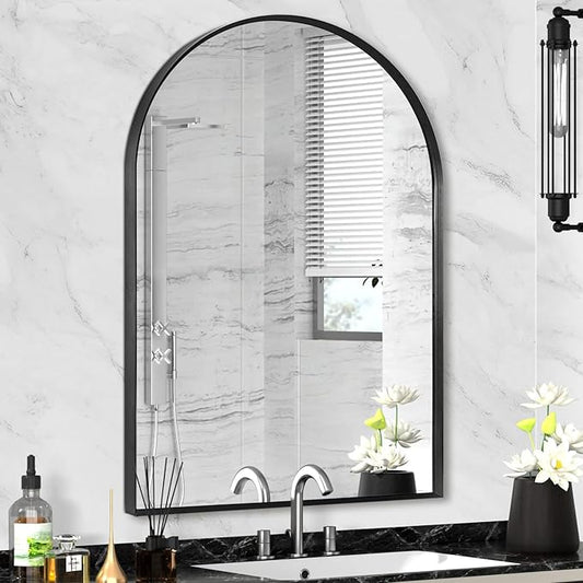 24" x 32" Black Arched Mirror, Arch Wall Mirror, Metal Frame Black Bathroom Mirror, Arched Top Bathroom Vanity Mirror for Living Room, Bedroom, Entryway, Tempered Glass, Shatter Proof