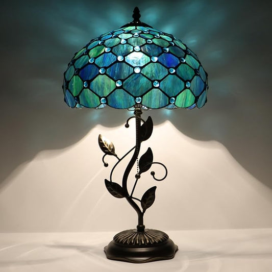 Tiffany Table Lamp, Stained Glass Desk Light, W12H19 Inch, Metal Leaf Base (Sea Blue Pearl Style)