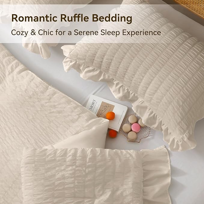 JOLLYVOGUE Beige Queen Comforter Set, 3 Pieces Seersucker Comforters Queen Size, Lightweight & Fluffy Bedding Sets Queen for All Season with 1 Ruffle Comforter and 2 Ruffle Pillowshams