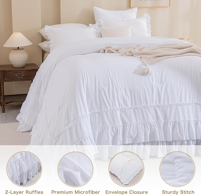 QSH White Oversized California King Ruffle Bed Comforter Set 128x120, Farmhouse Shabby Vintage Ruffled Comforter French Country Rustic Bedding Comforter Microfiber Fluffy Soft Bedding 3 PCs