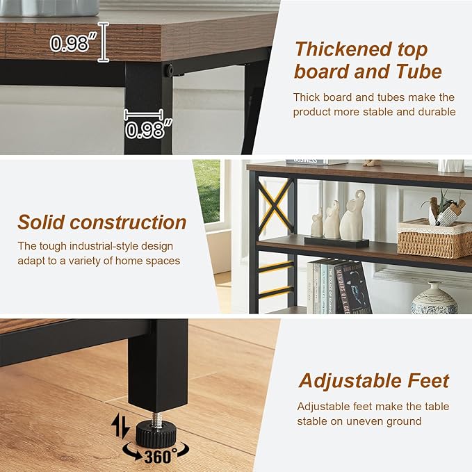 HOMBAZAAR Sofa Table,Industrial Console Table with Storage,Entryway Table with Engineered Wood and Metal,Rustic 3 Tier Shelf for Living Room,Hallway,Brown,47 Inch