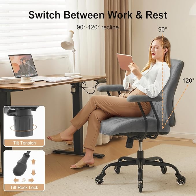 YFO Modern Ergonomic Office Desk Chair, Grey Leather with Lumbar Support, Adjustable Height, Swivel, Armrests, for Office, Gaming, Reading, Relaxing