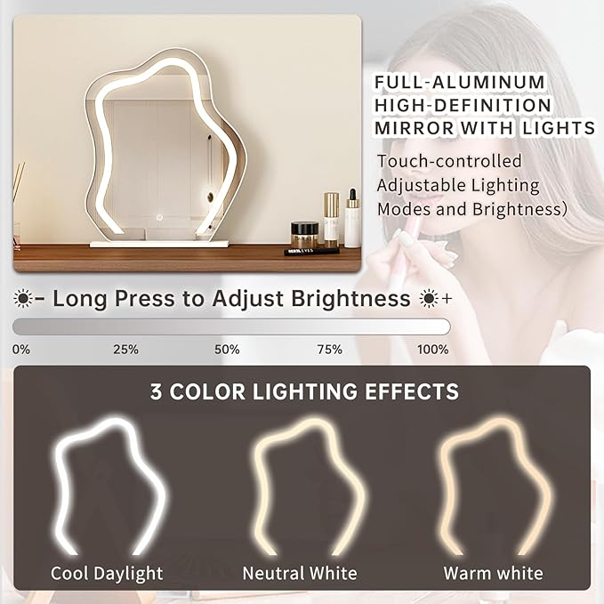 Makeup Vanity Desk Set with Cloud-Pattern HD Lighted Mirror and Stool, 60-100in Extendable Modern Vanity Table, 6-Drawer Solid Wood Frame Storage Cabinet, Bedroom Dressing Table, Brown