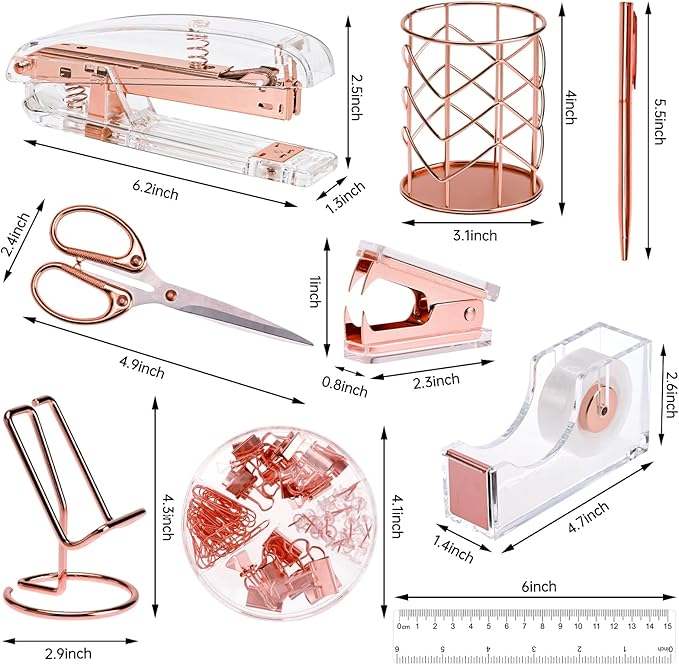 EOOUT Rose Gold Desk Accessories, Office Supplies and Accessories Set, Acrylic Stapler Set, Staple Remover, Phone Holder, Pen Holder, Scissor, Ruler, Transparent Tape