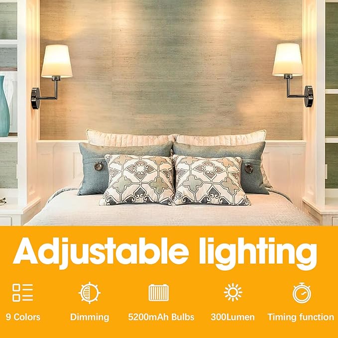 JKEYES Battery Operated Wall Sconce Set of 2,Black Cordless Wall Lights with 5200mAh Dimmable Detachable Rechargeable Bulbs, 12 Colors Sconces Wall Decor for Bedroom Living Room Hallway