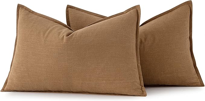 MIULEE Decorative Linen Lumbar Pillow Covers 12x20 Inch Brown Boho Farmhouse Neutral Couch Throw Pillows for Bed Pack of 2 Accent Modern Pillowcase Sofa Livingroom Home Decor