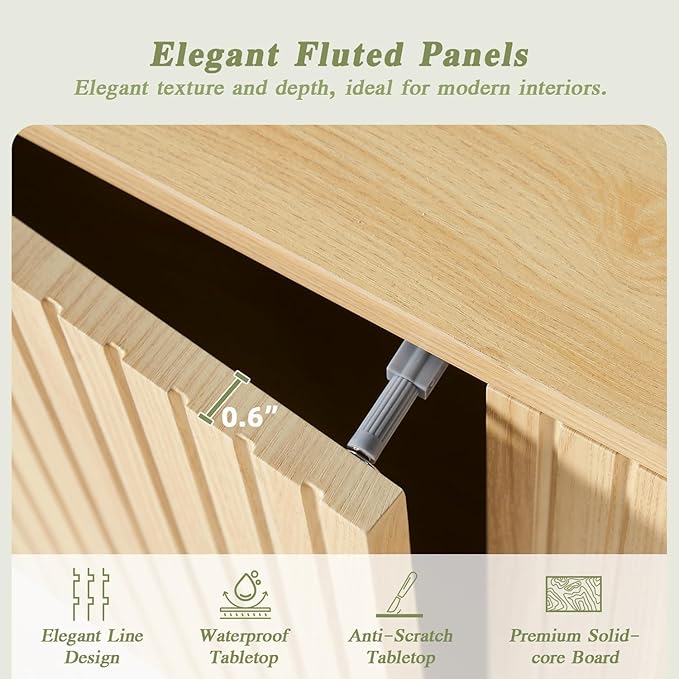 58" Mid Century Modern TV Stand for 32-65 inch TVs, Light Wood TV Console with with Fluted Doors and Drawer, Entertainment Center with Storage for Living Room, Oak