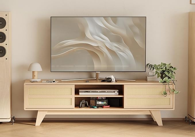 Claiks Boho TV Stand for 70 Inch TV, Modern TV Console with 2 Rattan Storage Cabinets & Adjustable Shelf, Woven TV Stand for Living Room, Oak Color