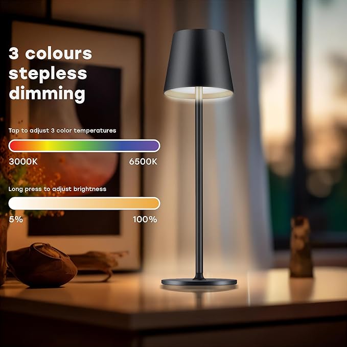 2 Pack Cordless Table Lamp,Portable LED Desk Lamp, 5200mAh Battery Operated, 3 Color Stepless Dimming Up, for Restaurant, Bedroom, Bars, Outdoor Party, Camping, Coffee Shop Night Light Black