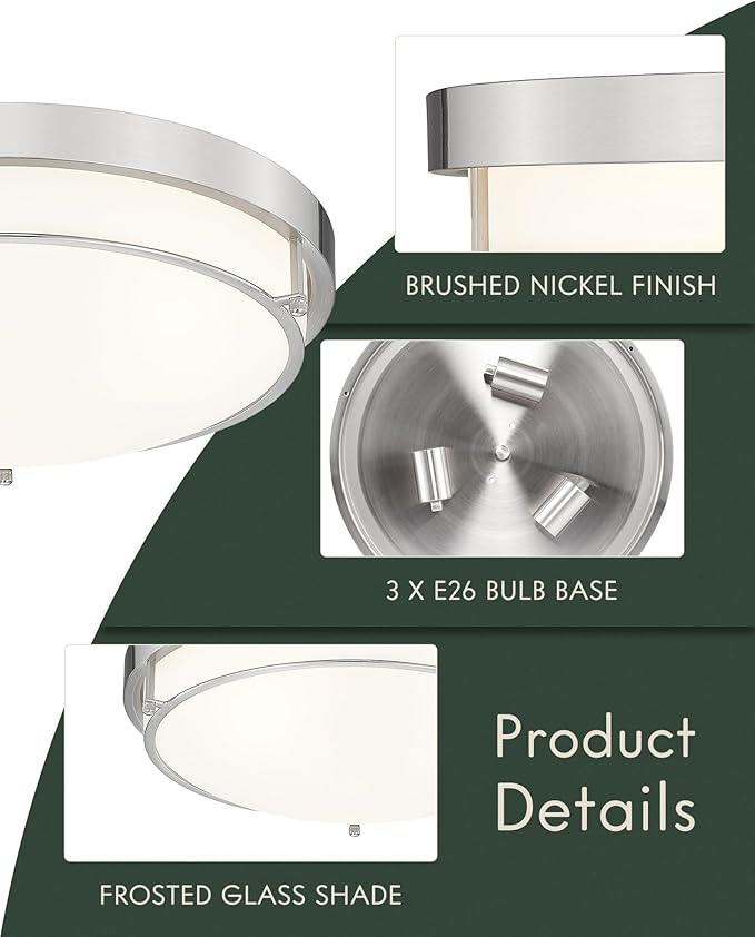 16 inch Close to Ceiling Light Fixtures, Brushed Nickel Farmhouse Ceiling Light with 3 Light for Laundry Kitchen Bedroom Bathroom, CL4822-3W-BN