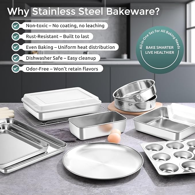 E-far 12-Piece Bakeware Sets, Stainless Steel Baking Pan Set Includes Cookie Sheet, Round Square Rectangle Cake Pans with Lids, Multi-Functional for Loaf Muffin Pizza, Non-toxic & Dishwasher Safe